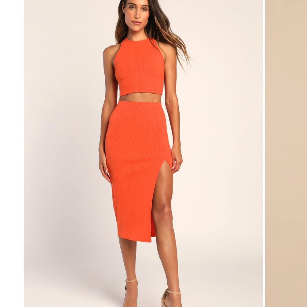 Absolute Edge Coral Sleeveless Two-Piece Bodycon Midi Dress, Size Small